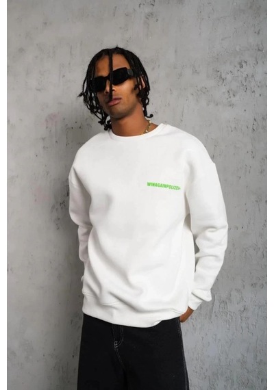 Oversize Sweatshirt Beyaz Renk Ön Ve Sırt Baskılı, Üç İplik İçi Pamuklu Kumaş, Rahat Kalıp, Ribanalı Kışlık Sweat Winagain Polizei Serisi - Beya