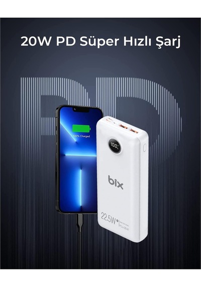 Pb201 Üç Portlu 20000mah 22.5w Süper Hızlı Şarj 4.0 Pd Giriş/çıkışlı Led Göstergeli Powerbank Beyaz