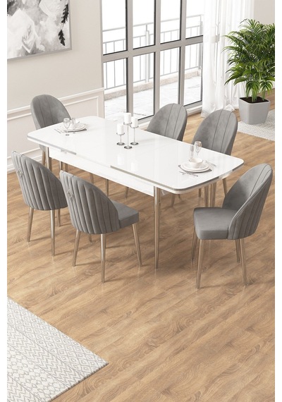 Canisa Edaf Serisi 80x132 Açılabilir Beyaz Mutfak Masa Takımı 6 Gri Sandalye Krom Detay Beyaz Masa Sandalye Cappucino Canisa Edaf Serisi 80x132 Açılabilir Beyaz Mutfak Masa Takımı 6 Gri Sandalye Krom Detay Beyaz Masa Sandalye Cappucino