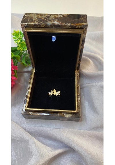 Kelebek Figürlü Zirkon Taşlı Mineli Tasarım Çelik Yüzük Gold - Gümüş