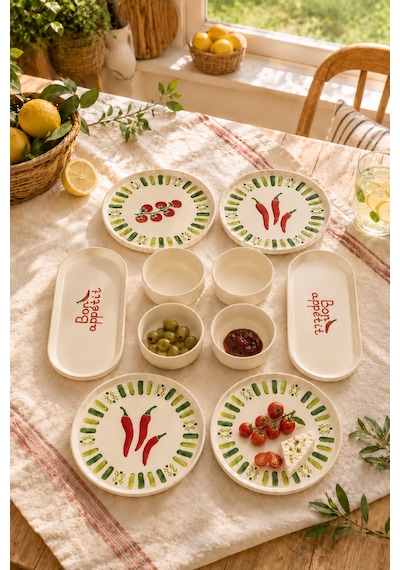 Green Bon Appetit 10 Parça 4 Kişilik Stackable Seramik Kahvaltı Takımı Lüx Sunum Seti Tabağı Beyaz