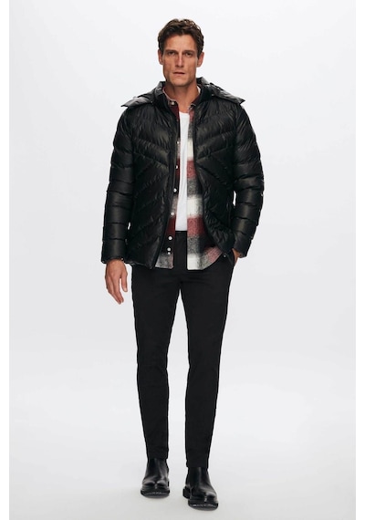 D'S Damat Slim Fit Su İtici Rüzgar Geçirmez Elyaf Dolgulu Deri Görünümlü Çıkarılabilir Kapüşonlü Erkek Mont 1HF07ORT01910 Siyah