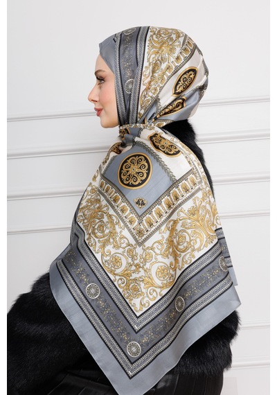 Sevitli Versace Desenli Hint İpeği Şal-antrasit-4538