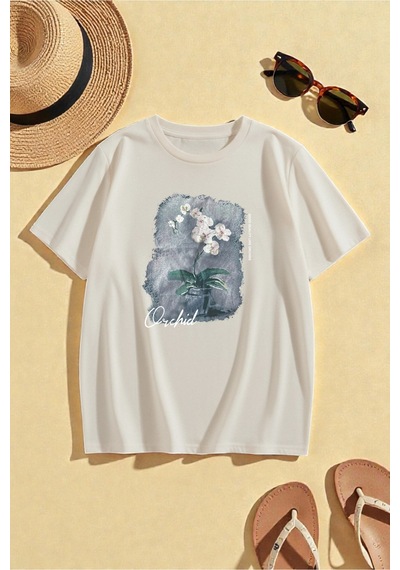 Uyguntarz Unisex Orchid Baskılı Oversize Tshirt Bej