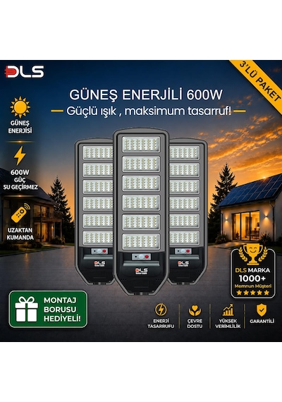 3'lü Paket Dls 600w Güneş Enerjili Solar Sokak Lambası Hareket Sensörlü Led Bahçe Aydınlatması