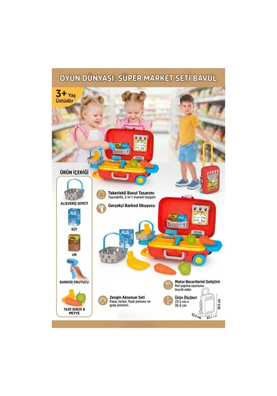 Eğitici Oyuncak Market Seti 2'si 1 Arada Tekerlekli Bavul Dükkan Yazar Kasa Ve Alışveriş Sepeti 3+ Yaş