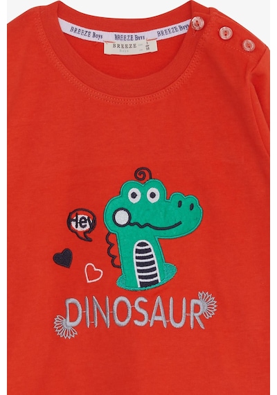 Breeze Erkek Bebek Uzun Kollu Tişört Dinozor Nakışlı 9 Ay-3 Yaş, Turuncu Turuncu