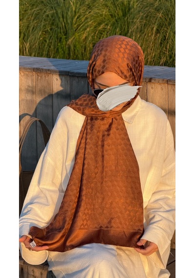 Qalortex Scarf Premium Pamuklu Jakar Şal-kremit kiremit