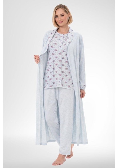 Mecit Pijama Mecit 6317 Mavi Kadın Büyük Beden Sabahlıklı Pijama Takımı