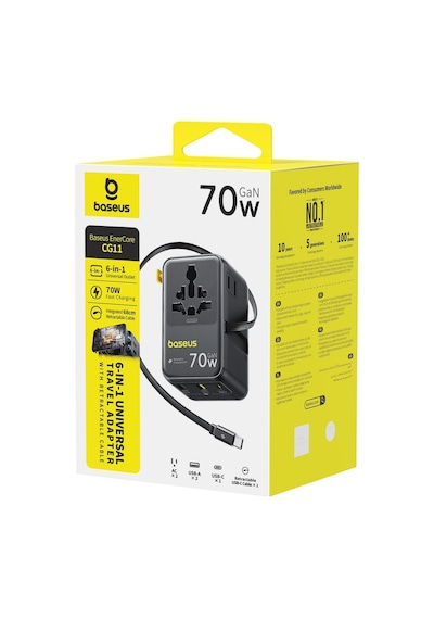 Baseus Enercore Cg11 Super Hızlı Universal Seyahat Adaptörü Çekmeli Kablolu 2ac+2u+2c 70w Siyah