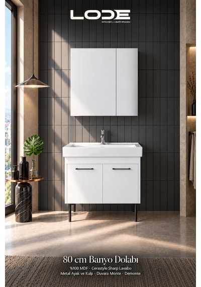 Lode Palis Ayaklı Set %100 Mdf - Alt Dolap - Üst Dolap - Cerastyle Sharp 80 Cm Seramik Lavabo Dahil Beyaz Lode Palis Ayaklı Set %100 Mdf - Alt Dolap - Üst Dolap - Cerastyle Sharp 80 Cm Seramik Lavabo Dahil Beyaz