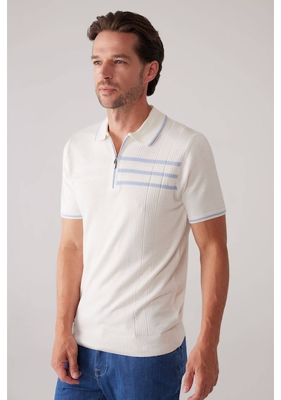 Erkek Kemik Slim Fit Hafif Çizgili Fermuarlı Polo Yaka Tişört