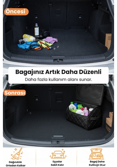 Bagaj Çantası Oto Bagaj Organizer Çift Kat Deri Su Geçirmez Kaymaz Katlanır - Siyah