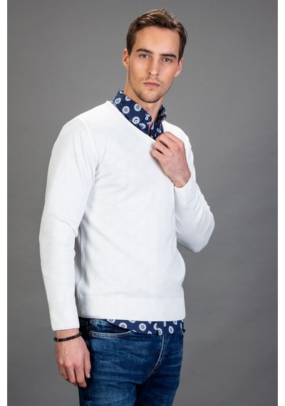 Tudors Slim Fit Dar Kesim V Yaka Pamuklu Erkek Kazak-14376 Beyaz