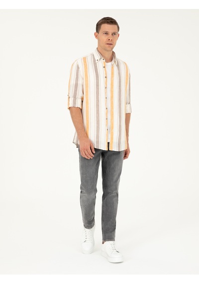 Cacharel Turuncu Slim Fit %100 Keten Gömlek
