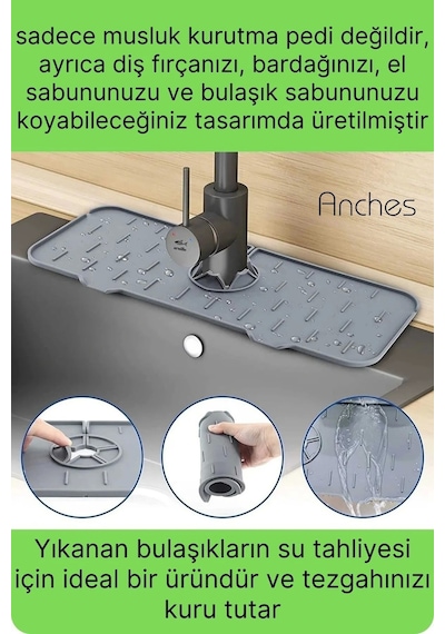 Mutfak Banyo Lavabo Silikon Musluk Arkası Mat Oluklu Su Tutucu Tezgah Üstü Bulaşık Kurutma Pedi Diğer