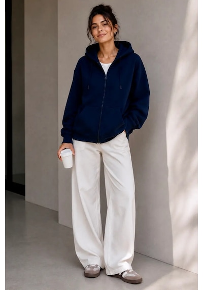 Bb Butik Basic Oversize Kalın Üç Iplik Fermuarlı Kapüşonlu Sweatshirt Koyu Lacivert