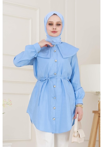 Sevitli Beli Bağcık Detaylı Geniş Yaka Tunik-bebe Mavi-4990 Bebek Mavisi