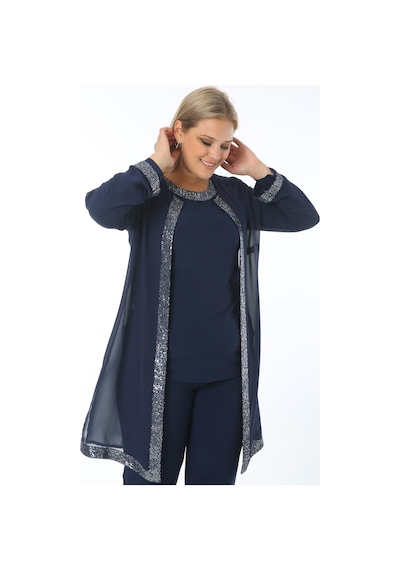 Ladies First Büyük Beden 3717 Lacivert Gümüş Ceket+Bluz İkili Takım Gümüş - Lacivert