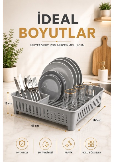 Sas Haus Bulaşıklık Tezgah Üstü Tabak Bardak Kurutmalık Plastik Bulaşık Sepeti 33x41 Cm Gri S-10567