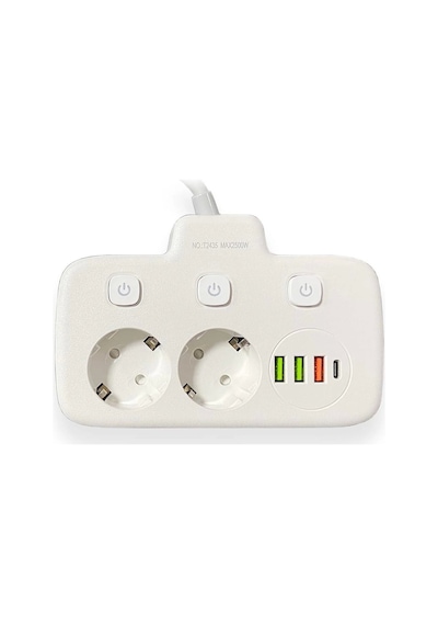 Akım Korumalı 2'li Ayrı Anahtarlı Priz, 2x Priz, 3x Usb, 1x Type-c, 2 Mt Kablo, Hızlı Şarj 2 M