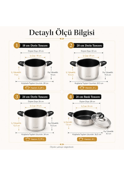 8 Parça Paslanmaz Çelik Tencere Seti İndüksiyon Ocak Uyumlu, Süzgeç Kapaklı Gümüş