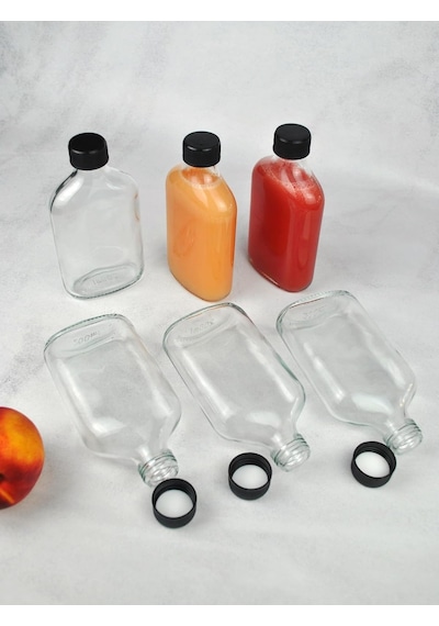 6'lı Sızdırmaz Siyah Kapaklı Cam Detoks Şişesi Cold Brew Yassı Şişe Seti - 200 Ml
