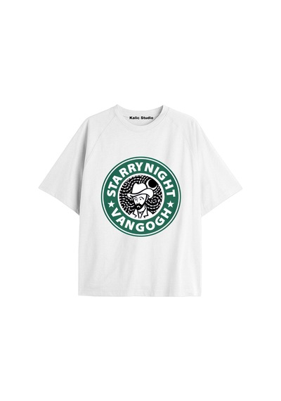 Kalic Studio Unisex Van Gogh Baskılı Oversize Tshirt Beyaz-87