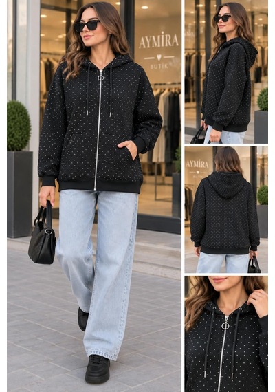 Aymiraa Kadın Siyah Taş Detaylı Kapüşonlu Sweatshirt Cepli Günlük Spor Üst 3 İplik Siyah Siyah Aymiraa Kadın Siyah Taş Detaylı Kapüşonlu Sweatshirt Cepli Günlük Spor Üst 3 İplik Siyah Siyah