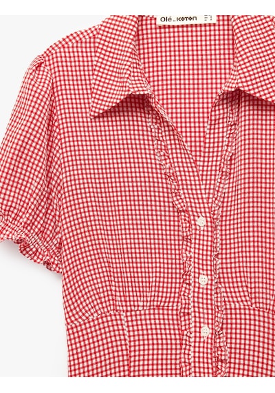 Koton Slim Fit Kısa Balon Kollu Düğmeli Klasik Yaka Pötikareli Gömlek Kırmızı Ekoseli 6sal60185ıw
