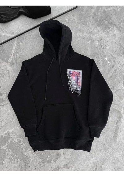 Uzun Kol Kapüşonlu Ön Ve Arka Baskılı Sweatshirt - Siyah - Siyah