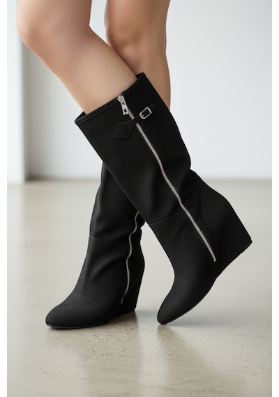 Fox Shoes V380526402 Siyah Süet Düz Taban Fermuar Detaylı Kadın Çizme Siyah