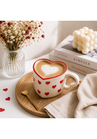 Kalp Tasarımlı El Yapımı Seramik Kahve Kupası Sevgiliye Hediye Çay Ve Kahve Mug Kupa - 300 Ml Beyaz - Çok Renkli