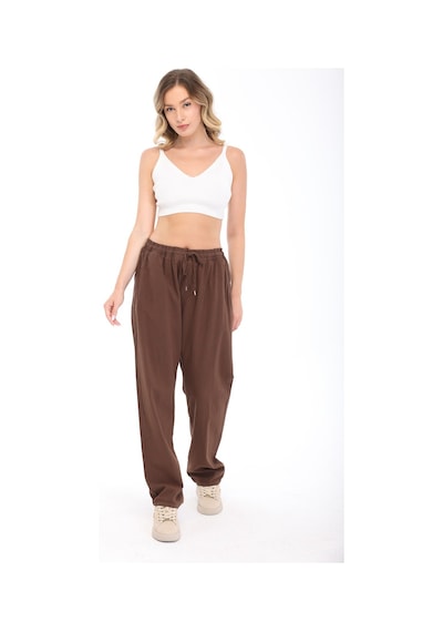 Blayn Jeans Blayn Kadın Taba Keten Dokulu Yüksek Bel Bol Paça Beli Bağcıklı Pantolon Kahverengi