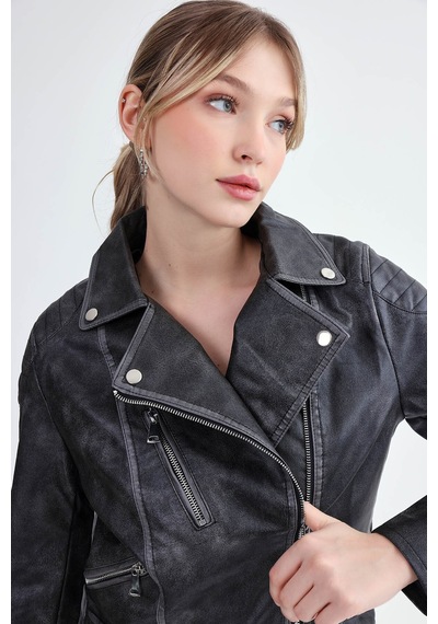 Vitrin Fermuarlı Suni Deri Crop Biker Ceket Siyah