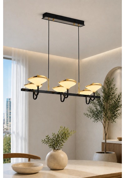 6'lı Modern Premium 3 Renkli Ledli Sarkıt Avizesi Salon Mutfak Yemek Masası Üstü Şık Modelleri 144w Bej