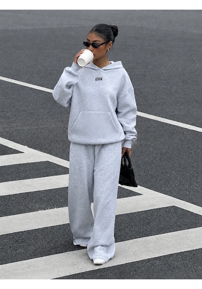 Macklin Unisex Kadın Erkek Calıfornıa Oversize 3 İplik Kapüşonlu Hoodie Ve Baggy Eşofman Altı Gri Melanj
