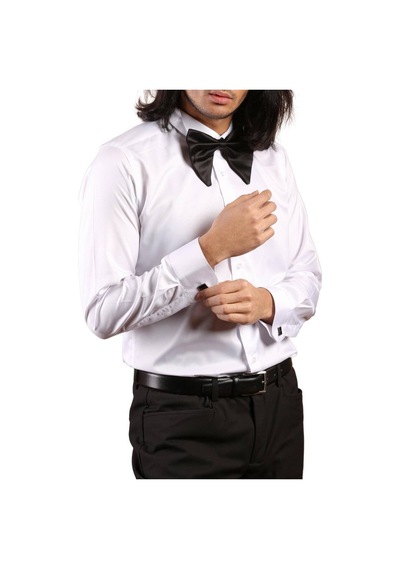 Dicotto Beyaz Gizli Pat Damatlık Ata Yaka Kol Düğmeli Slim Fit Smokin Gömlek - 001 001