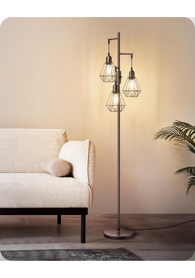 Edishine 3 Başlıklı Dimlenebilir Retro Ayaklı Lamba E27 Led, Kafes Şapkalı, 166 Cm Lambader Kahverengi Diğer