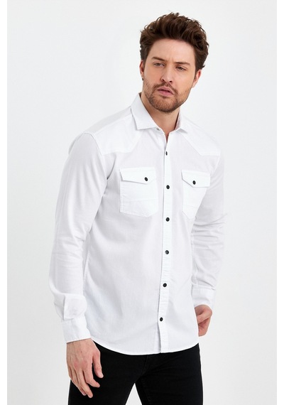 Cool Tarz Erkek Beyaz Çift Cepli Çıt Çıt Düğmeli Slim Fit Kot Gömlek Beyaz Beyaz
