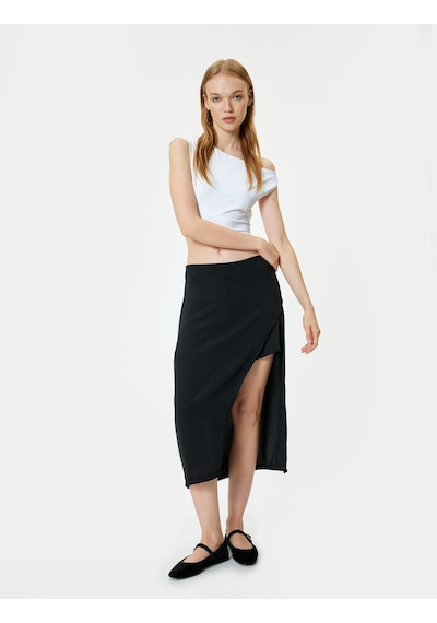 Koton Midi Etek Yırtmaç Detaylı A Kesim Slim Fit Beli Lastikli Siyah 4sal70015ıw Siyah