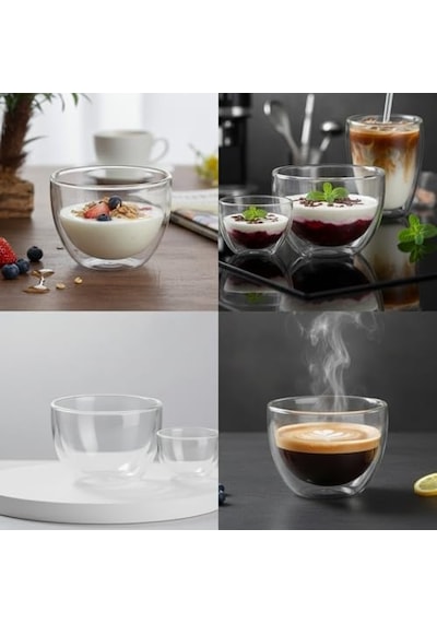 1 Adet Çift Cidarlı Borosilikat Cam Kase 250 Ml - Isı Yalıtımlı, El Yakmayan Şeffaf Servis Kasesi 9x7.5 Cm Tatlı, Yoğurt, Çorba Kasesi Açık Bej