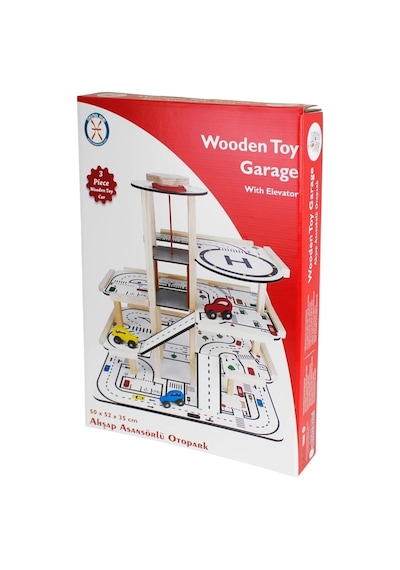 Ahşap Asansörlü Otopark - Üç Katlı Garaj Seti - Hotwheels Garaj Seti - Otopak Seti - Eğimli Garaj
