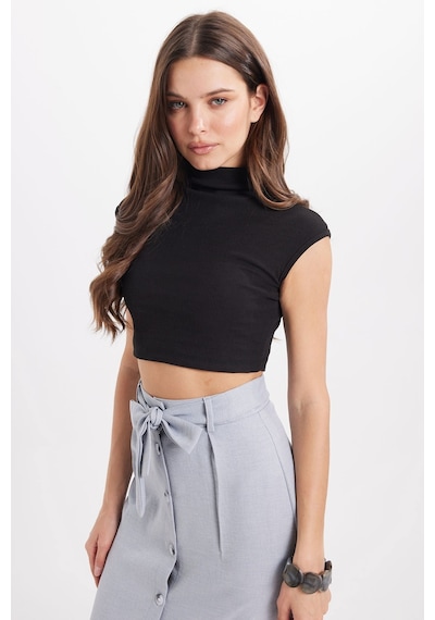 Tudors Kadın Slim Fit Dar Kesim Pamuklu Dik Yaka Sıfır Kol Siyah Crop Bluz-50465