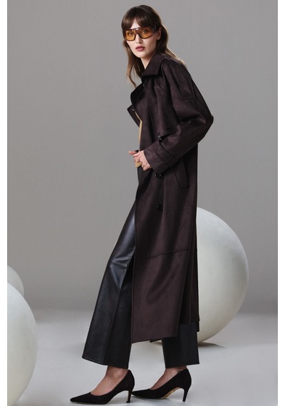 Hatemoğlu Kahverengi Dinamik Fit Bebe Yaka Yünlü Oversize Pardösü