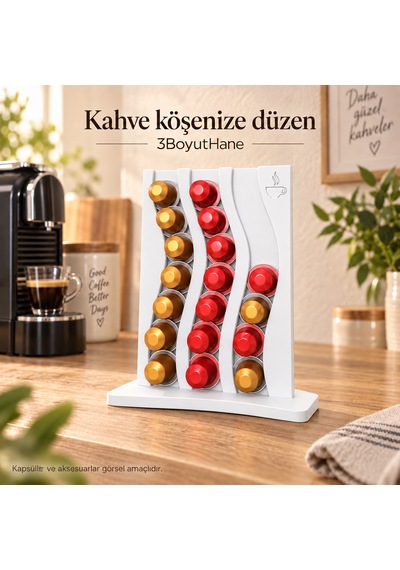 Kapsül Kahve Standı 3 Sıralı Tezgah Üstü Kapsül Tutucu Organizer Siyah Beyaz