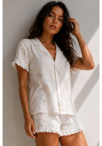 Kadın Süprem Gömlek Şort Düğme Çok Renkli Pijama Takımı