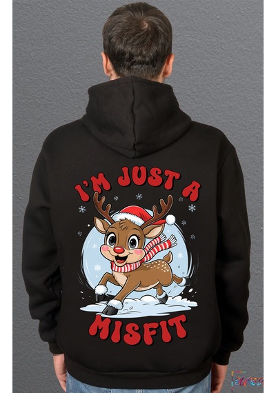 Bumeta I M Just A Misfit Yılbaşı Geyik Christmas Sweatshirt Unisex Kapüşonlu Hoodie Siyah