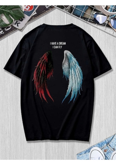 Erkek Siyah Oversize Devil-angel Baskılı T-shirt Siyah