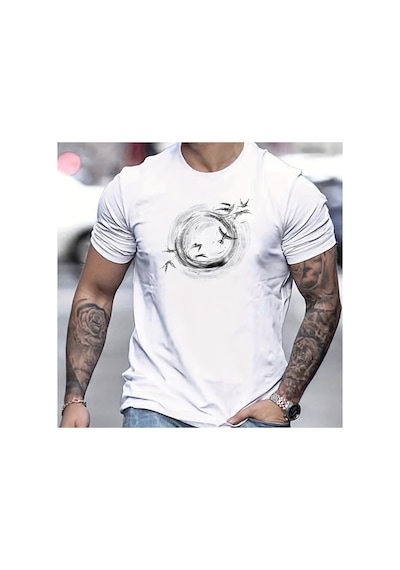 Caddemia Şık Gündelik Bol Ve Sade Yuvarlak Kuş Desenli Yuvarlak Yakalı Kı Beyaz 2XL